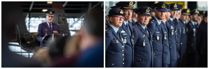 2 foto's naast elkaar. PC-LRS generaal-majoor Robert Adang spreekt vanachter een spreekgestoelte. En Luchtmachtmilitairen staan op een rij en kijken opzij.