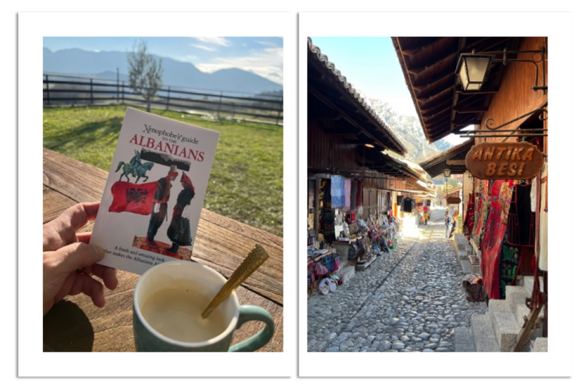 Links: Onder het genot van een kopje koffie in de tuin kennis maken met de gewoontes van Albanië. Rechts: Een oude bazaar in Krujë.