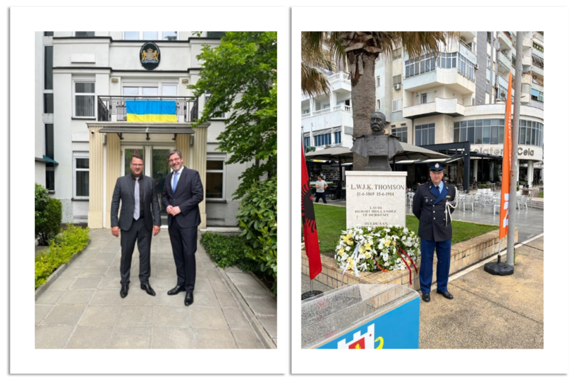 Links: Op bezoek bij de Nederlandse ambassadeur in Bulgarije, Simon van der Burg, met wie ik samen een buitenlandmissie heb mogen uitvoeren in Afghanistan (2012). Rechts: Aanwezig bij de inauguratie van het Kolonel Thomson-monument in Durrës.