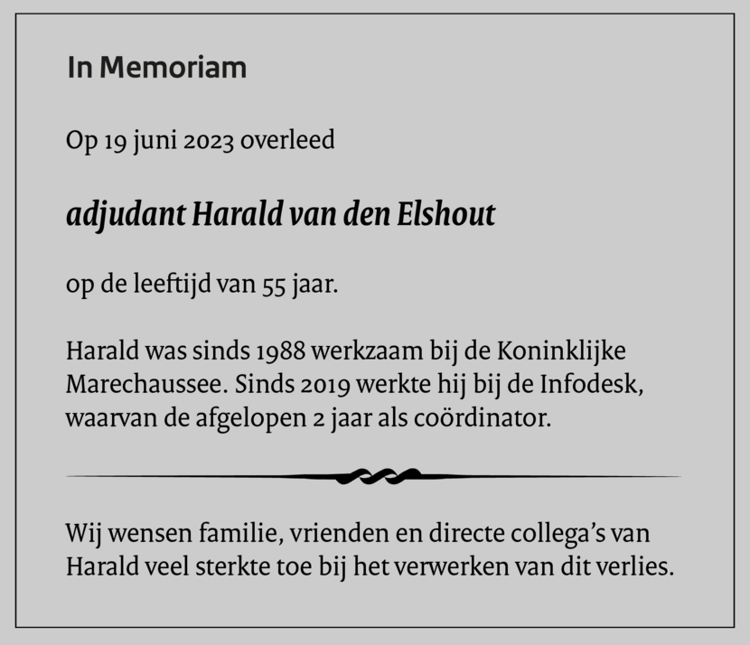 Een overlijdensadvertentie van adjudant Harald van den Elshout.
