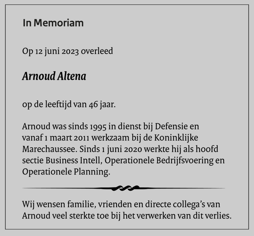 Een overlijdensadvertentie van Arnoud Altena.