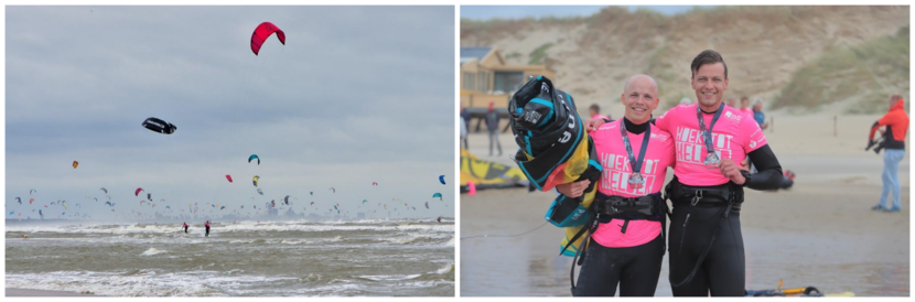 Een foto waarop de 2 collega's staan en een overzichtsfoto van kitesurfers die onderweg zijn.