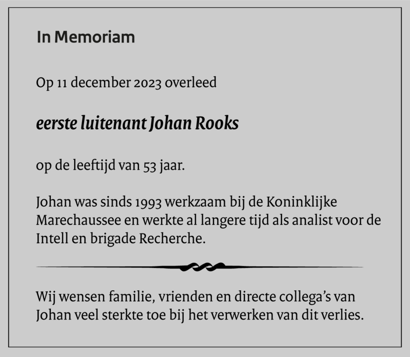 Een overlijdensbericht ter nagedachtenis aan Johan Rooks.