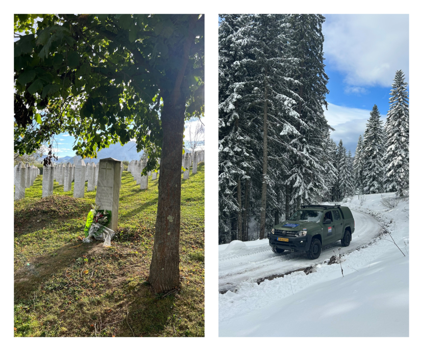 Links: De begraafplaats waar de slachtoffers van de genocide uit 1995 liggen. | Rechts: Smalle bergweggetjes met sneeuw verhogen de kans op ongevallen.