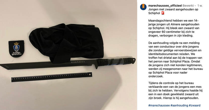 Screenshot van bericht op Instagram over in beslagname van zwaard.