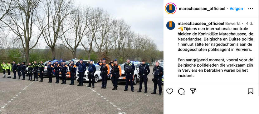 Screenshot van post op Instagram, op foto brengen marechaussees eregroet ter nagedachtenis aan doodgeschoten Belgische collega.
