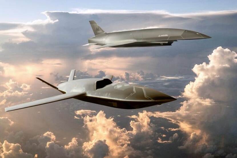 Twee AI-gegenereerde drones vliegen naast elkaar door de lucht. Deze hebben een vorm die doet denken aan de F-35.