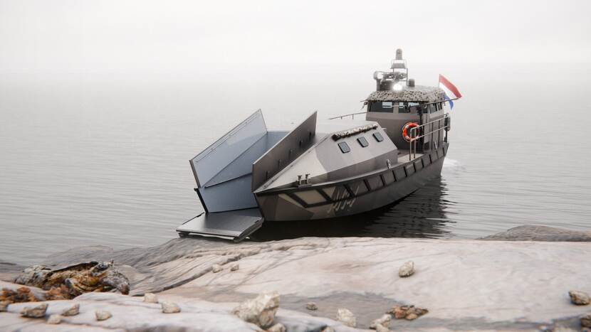 Een weergave van hoe het grijze landingsvoertuig eruit komt te zien. De klep aan de voorkant is geopend.