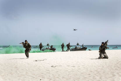 Mariniers gooien potten met groene rook op het zand en komen dan met een FRISC aan op het strand van Sint-Maarten