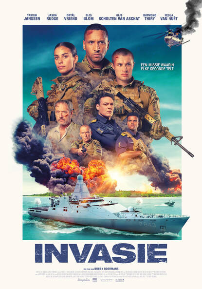 Filmposter met daarop Zr.Ms. Groningen in het water en daarboven de gezichten van de acteurs met een grote explosie in het midden.