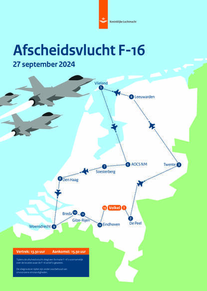 Kaart met de locaties die de F-16 vandaag tijdens zijn allerlaatste vlucht boven Nederland aandoet.