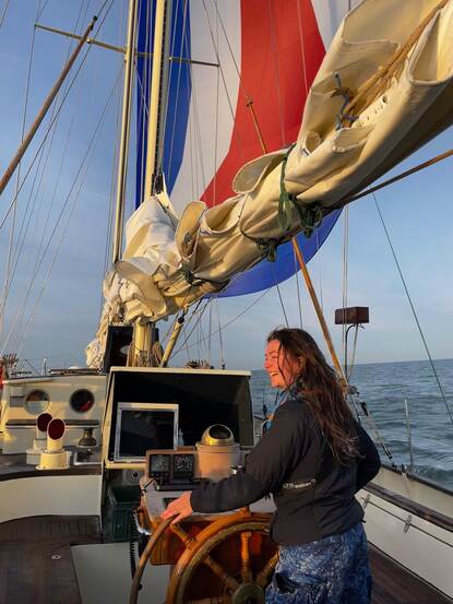 Merel op een zeilschip.
