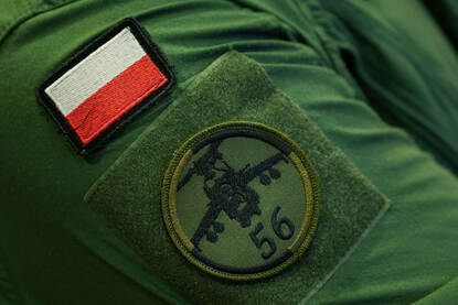 Viermaal een mouw van een militair uniform met daarop de vlaggen en logo’s van respectievelijk Nederland, de Verenigde Staten, het Verenigd Koninkrijk en Polen.