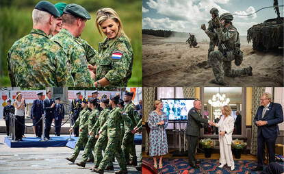 Collage van 4 foto’s. Op één zien we Maxima in een militair tenue.