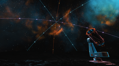 Illustratie van een telescoop die gericht is op de ruimte.