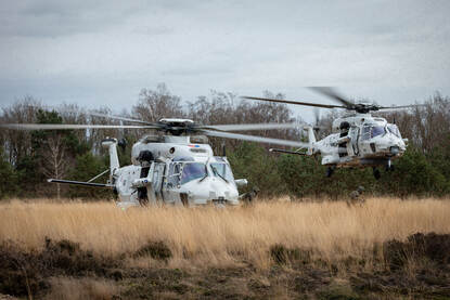 Mariniers ontschepen uit twee NH90s op de heide.